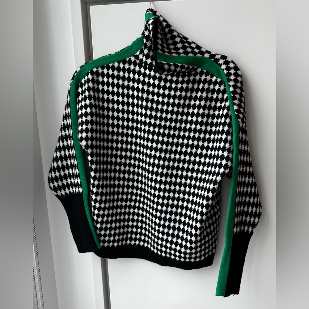 Black and White Houndstooth Sweater with Green Accents